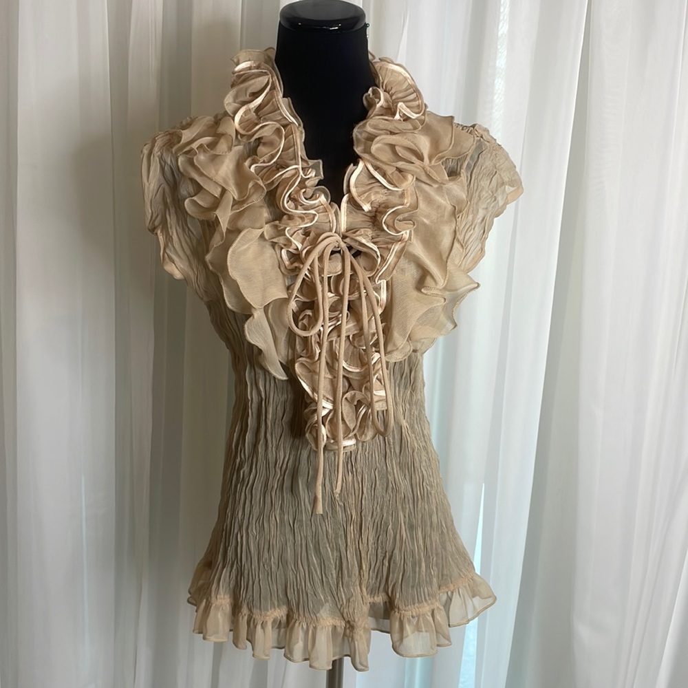 Beige NIKKIALO Crinkled Blouse, with Ruffles Neckline, Size XL